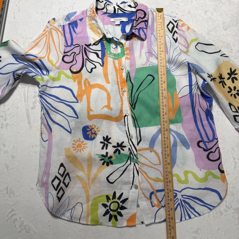 Chicos Surreal Linen Button Down Shirt Size Large Art To Wear Coastal Grandma - Picture 6 of 9